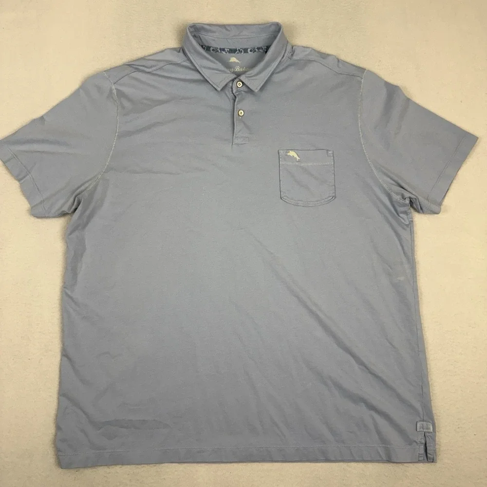 Tommy Bahama Mens XXL Blue Pima Cotton Short Sleeve Pocket Polo Shirt